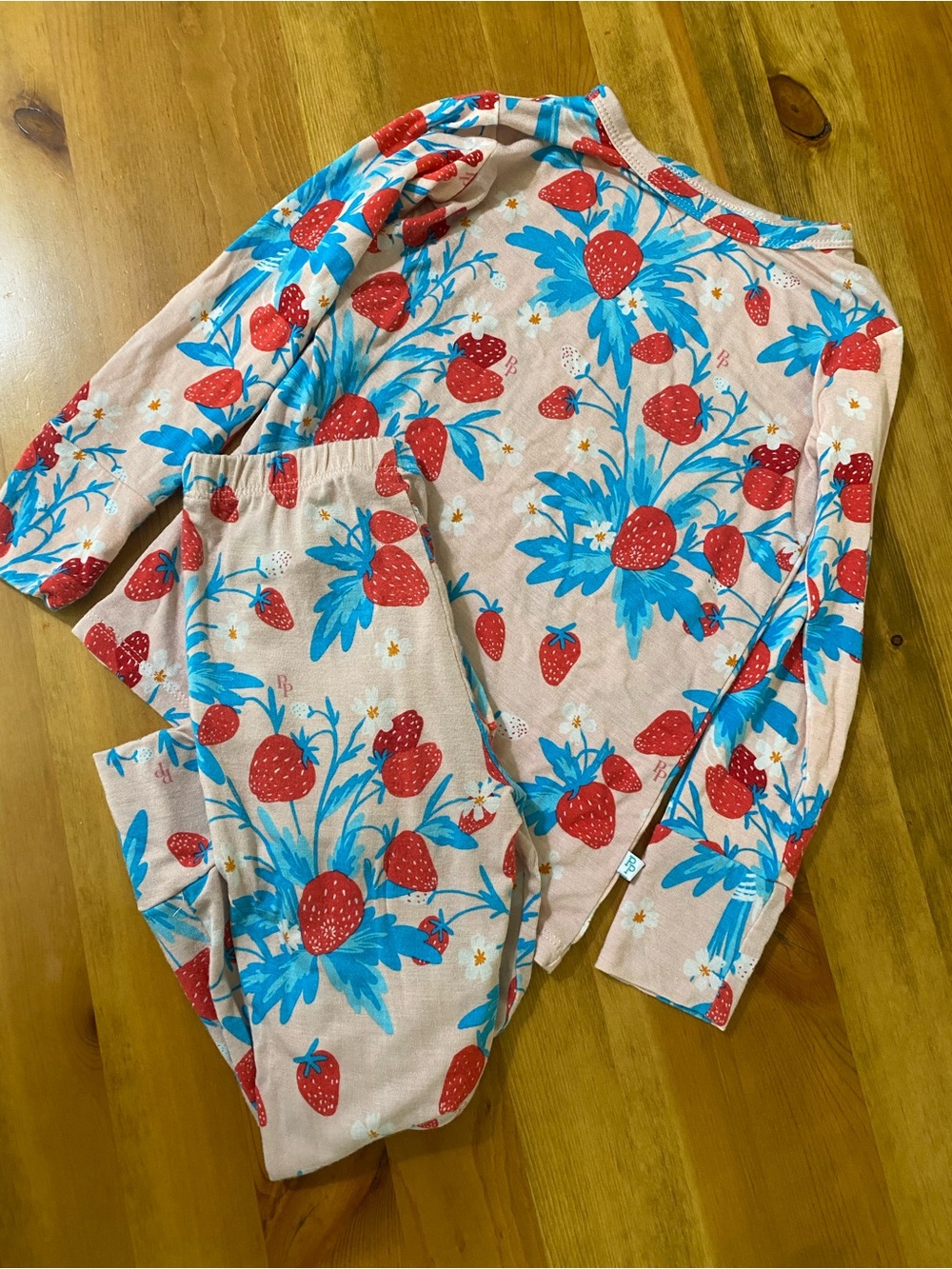 Posh Peanut Pink Pajama Set with Red Strawberries & Blue Leaves